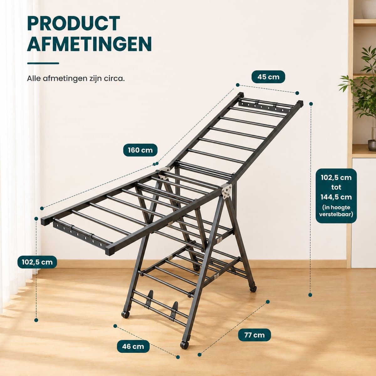 DPLUNIQ Kledingrek - Wasrek - Droogrek - Droogtoren - 3 Lagen - Opvouwbaar - Met Wielen - 160x46x102,5cm - IJzer - Zwart — afbeelding 1