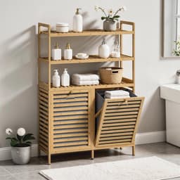 Bresht Wasmand kast - Waskast - Wasmand - Natuurlijk Bamboe - 3 Open opbergplanken - 2 wasmanden 38,7 Liter - 80 × 30 × 118 cm — thumbnail 2