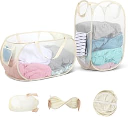 Opvouwbare Wasmand - Beige - 36 x 36 x 58 cm - Met Handvat en Ademend Netmateriaal - Voor Badkamer, Camping en Reizen — thumbnail 1