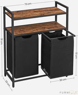 Wasmand - Wasverzamelaar met 2 compartimenten - 2 planken - Uitschuifbare en verwijderbare waszakken 2x46L - Voor badkamer en wasruimte - Vintage bruin-zwart — thumbnail 2