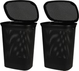 Bathroom Solutions Wasmand - Set van 2x stuks - zwart - 60 liter - 37 x 46 x 60 cm - met deksel — thumbnail 1