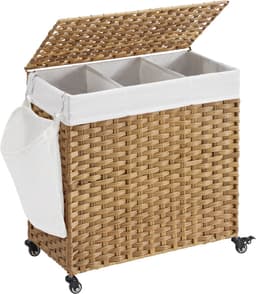 SONGMICS Wasmand, handgeweven, wasverzamelaar, 140 L, gemaakt van polyrattan, met 3 compartimenten, uitneembare zak, deksel, handvaten, voor woonkamer, badkamer, 66 x 33 x 60 cm, kleur naturel LCB363N01 — thumbnail 1