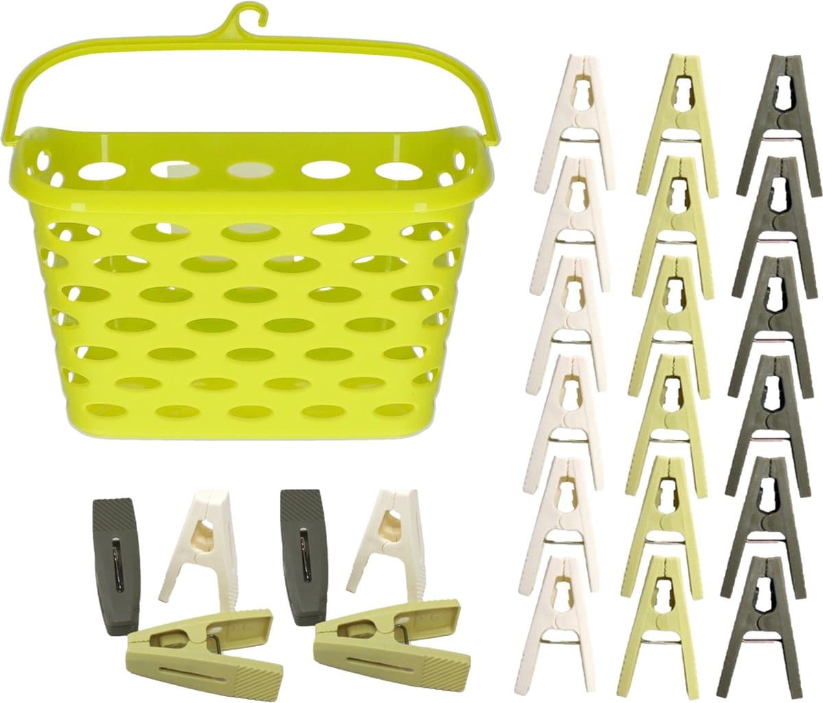 Wasknijpers ophangmandje met haak - groen - en 80x gekleurde wasknijpers van 6 cm - was ophangen — afbeelding 1