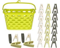 Wasknijpers ophangmandje met haak - groen - en 80x gekleurde wasknijpers van 6 cm - was ophangen — afbeelding 1