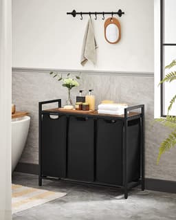 Furnstar Wasmand met 3 Vakken en Plank – Wassorteerder met Uitneembare Waszakken – Wasrek met Metalen Frame – Rustiek Bruin/Zwart — thumbnail 5