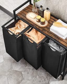 Furnstar Wasmand met 3 Vakken en Plank – Wassorteerder met Uitneembare Waszakken – Wasrek met Metalen Frame – Rustiek Bruin/Zwart — thumbnail 4