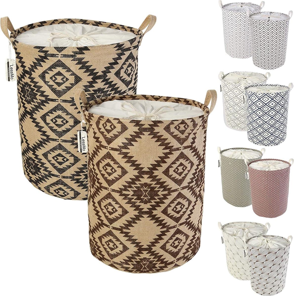 LessMo wasmand met trekkoord opslagsorteerder, opvouwbare pop-up wasmanden, waterdichte ronde katoenen linnen, [2PCS, verdikte 19,7"/groot] — afbeelding 1