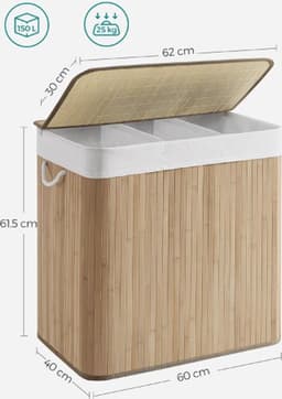 Thuys – Luxe Wassoorteerder – 3 Vlakken – Bamboe met Deksel – Was Organizer – Wasmand – 150L Inhoud – Stijlvol Design — thumbnail 2