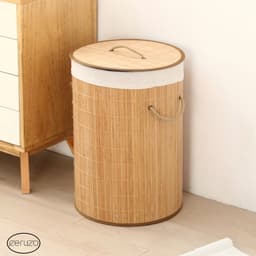 Ceruzo Wasmand met Deksel - Bamboe -Wassorteerder - Rond - Opvouwbaar-Wasbare Waszak Katoen- 48 Liter — thumbnail 3
