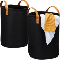 wasmand vilt - 28 liter - kunstlederen handgrepen - opvouwbaar - draagbaar - zwart — thumbnail 1
