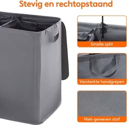 Dubbele Wasmand 105L met Deksel en Verwijderbare Waszakken - Grote Gescheiden Kledingmand - Grijs — thumbnail 5