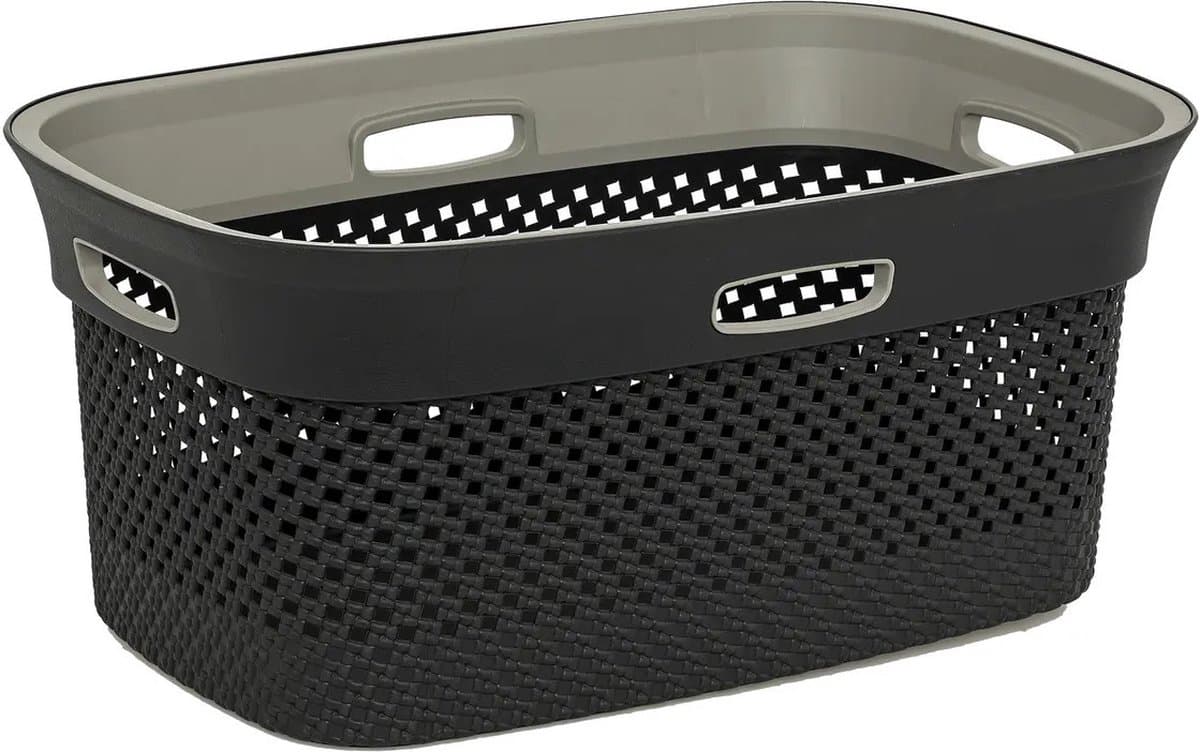 5Five Wasmand van rotan gevlochten - antraciet - kunststof - 45 liter - 59 x 39 x 27 cm - wasgoed manden — afbeelding 1