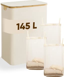 DARI. - Wasmand 3 vakken - Wassorteerder - 145L - met 3 uitneembare zakken - wasmand - beige - knopen — thumbnail 1