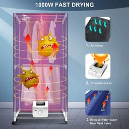 Uten Draagbare elektrische droger Gr886 - 2 lagen droog Design - Warmtepompdroger - 1500 W - Timer 0-180 Min - Elektrisch Droogrek met Verwarming - Wasdroger - Tot 15kg wasgoed - Als wasdroger, droogrek en Kledingkast- Hoogte 1.5 M - Blauw — thumbnail 2