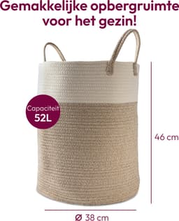 Wasmand Katoen - Opbergmand 52 ltr - Mand Rond met handvaten - Wasbox Opvouwbaar - Speelgoedmand — thumbnail 2