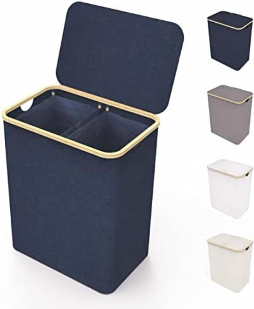 Wasmand 2 vakken wassorteerder - Wasmand 2 vakken met deksel - Wasmand met deksel - Wasverdeler - XXL waszak - 150 l - 57 x 37 x 71 cm - Blauw — afbeelding 1