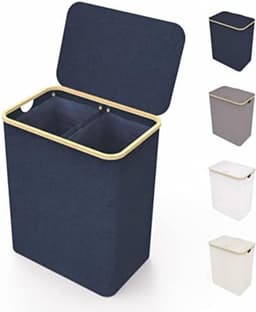 Wasmand 2 vakken wassorteerder - Wasmand 2 vakken met deksel - Wasmand met deksel - Wasverdeler - XXL waszak - 150 l - 57 x 37 x 71 cm - Blauw — thumbnail 1