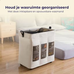 Wasmand 3 Vakken - Wassorteerder - 95L - Opvouwvare Wasmand - Wit - Inklapbare - Op Wielen - Met Hengsel - Voor Badkamer, Babykamer, Slaapkamer - Opbergmand - Speelgoedmand — thumbnail 2