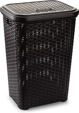 Plasticforte Wasmand met deksel - 60 liter - donkerbruin - rotan - kunststof - L35 x B43 x H62 cm — thumbnail 1