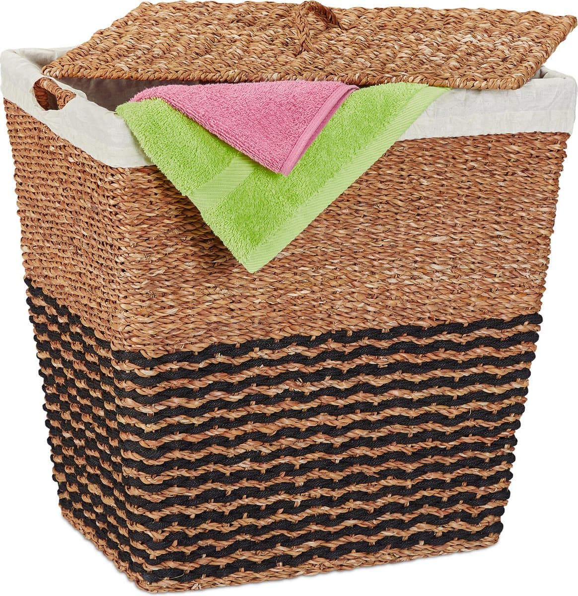 wasmand met deksel - zeegras - katoenen waszak - 87 l - gevlochten - natuur-beige — afbeelding 1