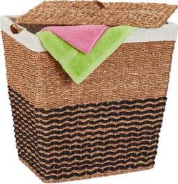 wasmand met deksel - zeegras - katoenen waszak - 87 l - gevlochten - natuur-beige — thumbnail 1