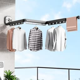 Opvouwbaar droogrek voor aan de muur - Kledingdroger met haken - Intrekbaar droogrek voor balkon - Wasmachine droogrek - Voor keuken badkamer slaapkamer — thumbnail 2