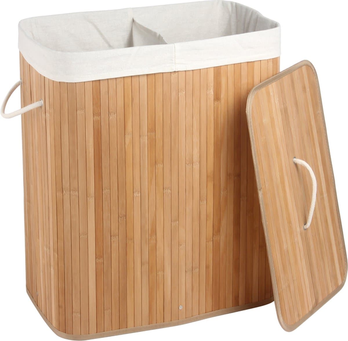 Bamboe Wasmand XL – 100L – Opvouwbaar met 2 Vakken & Deksel – Uitneembare Waszak – 60x40x30 cm — afbeelding 1