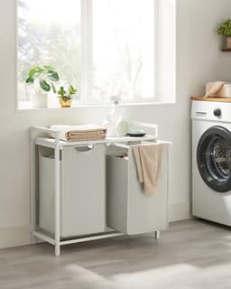 Wasmand 2 vakken, Wassorteerder, Uitschuifbaar, Wasmand met plank, Wasbox, Waszak van oxford stof uitneembaar, Metalen frame, 2 x 46 L, 73 x 33 x 72 cm — thumbnail 4