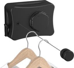 Waslijn voor binnen, uittrekbaar, verstelbare waslijn, wandmontage, onzichtbare waslijn, uittrekbaar roestvrij staal, 5,1 m, voor gebruik binnen en buiten (zwart) — thumbnail 1