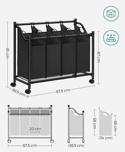 MIRA Home - Wasmand op wielen - Wassorteerder met 4 Compartimenten - Zwart - Metaal/Stof - 38,5x87,5x81 — thumbnail 2