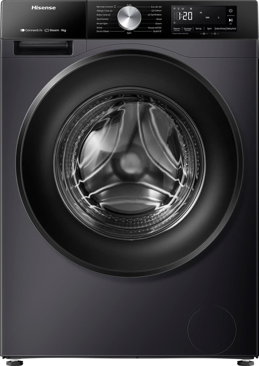 Hisense WF3S9043BB3 vrijstaande wasmachine - 9 kg capaciteit - 1400 tpm centrifugeersnelheid - energiezuinig - zwart — afbeelding 1