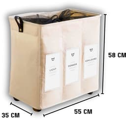 Wasmand op Wielen 145L – Wassorteerder 3 Vakken – Inklapbare Wasmand met Handvatten, Trekstang en Nederlandse Labels – Beige Wasmand voor Badkamer, Slaapkamer en Wasruimte - 145L — thumbnail 3