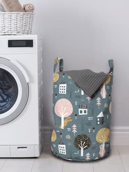 New Bed, Wasmand Bosprint met Huisjes, Scandinavische Stijl Opbergmand Kinderkamer met Handvatten en Koordsluiting, Speelgoedmand kinderen - Speelgoedkist - Wasbox - 33 x 48 cm — thumbnail 3