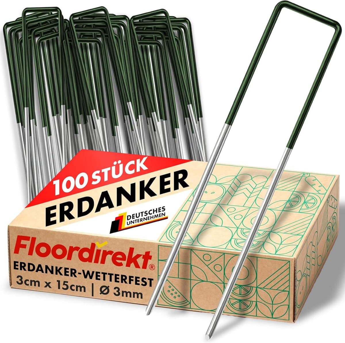 FLOORDIREKT Grondanker Haringen voor Kunstgras - Stabiele & Corrosiebestendige - Voor Kunstgras, Onkruidvlies, Schutting, Tent, Camping & Tuin - Gemaakt van Ijzerdraad - U-Vorm - 100 stuks - 15 x 3 cm — afbeelding 1