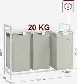 Hoppa! - Wasmand 3 vakken - Met plank & uitschuifbare waszakken - 3x38 liter - 92x33x72 cm - wit — thumbnail 2