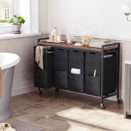 Luxe Wassoorteerder – 4 Vakken – Wasmand – Op Wieltjes – Met Deksel – Basket op Wielen – Duurzame Stof – Stabiel Frame – Zwart — thumbnail 5