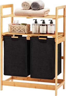 Allecto Premium - Bamboe Wasmand met 2 Planken en Uittrekbare Waszakken - Voor Slaapkamer, Badkamer en Waskeuken - 93 x 64 x 33 cm Zwart — thumbnail 1