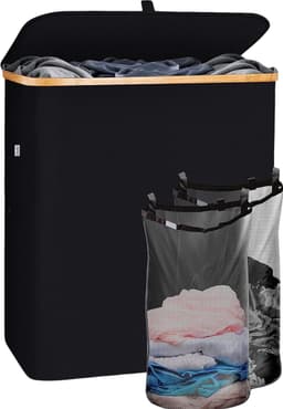 Oneiro's Luxe Wasmand PRO 140 L Zwart - opvouwbaar - L38 x B57 x H67 cm - wasmand met 2 vakken - wasmanden - wassorteerder — thumbnail 1