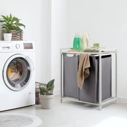 Blumtal Wasmand met 2 vakken - Wasmand met betonlook plank - Metalen frame - Wasmand met poten - Wit en grijs — thumbnail 5