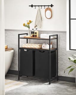 Furnstar Wasmand 92L – 2 Compartimenten – Met 2 Planken – Uitschuifbare Waszakken – Stevig Metalen Frame – Vintage Bruin/Zwart — thumbnail 2