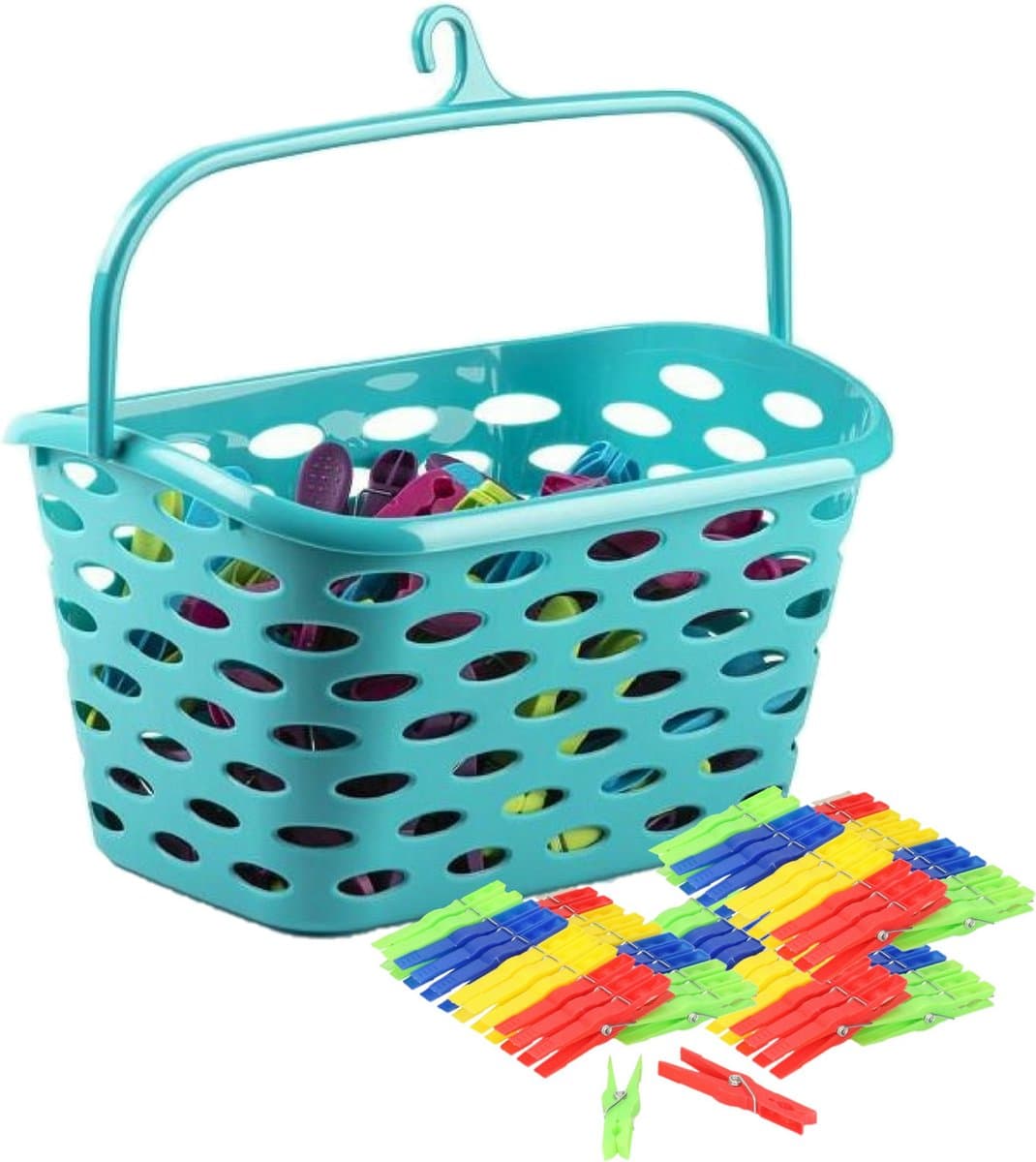 Plasticforte Wasknijpers ophang mandje/bakje - blauw - met 72x plastic knijpers — afbeelding 1