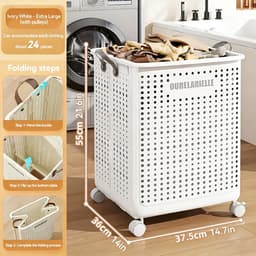 Grote Opvouwbare Wasmand op Wieltjes – Kunstleder – Effen – 55x36x37,7 cm – Melkwit. — thumbnail 2