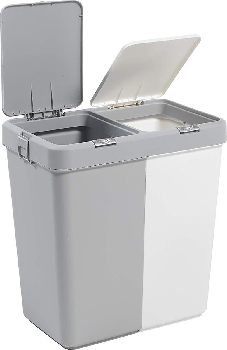 Wasmand - Wassorteerder - Wasmand opvouwbaar - Wasbox - Wasmand met touch deksel - Sumpas Wasmand - 2 vakken -80 Liter - 100% gerecycled plastic - Grijs/Wit — afbeelding 1