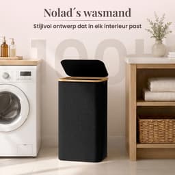 Nolad - Wasmand - Wasmand met deksel - Uitneembare waszak - Opvouwbaar - 100L - Zwart — thumbnail 2