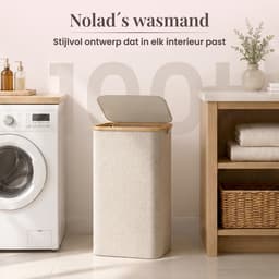 Nolad - Wasmand - Wasmand met deksel - Uitneembare waszak - Opvouwbaar - 100L - Beige — thumbnail 2