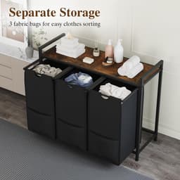 Wasmand 3 vakken, 145L wassorteerder, verrijdbare waswagen – voor wasruimte, slaapkamer, badkamer – zwart — thumbnail 4