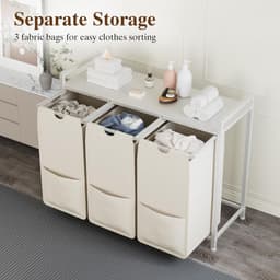 Wasmand 3 vakken, 145L wassorteerder, verrijdbare waswagen – voor wasruimte, slaapkamer, badkamer – wit — thumbnail 4