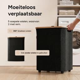 Wasmand 2 Vakken - Wassorteerder met Deksel - Wasbox op Wielen - 140L — thumbnail 4