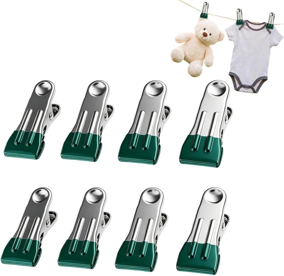 Wasknijpers Metaal - Kledingklemmen Clips - Kleding Drogen - Roestvrij Staal - 8 stuks - Groen — afbeelding 1