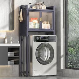 Opbergrek boven de wasmachine, ruimtebesparend opbergrek voor wasmachine en droger, robuust rek, verstelbare antislipvoetjes, ruimtebesparend, met zijhaken, voor de badkamer — thumbnail 1